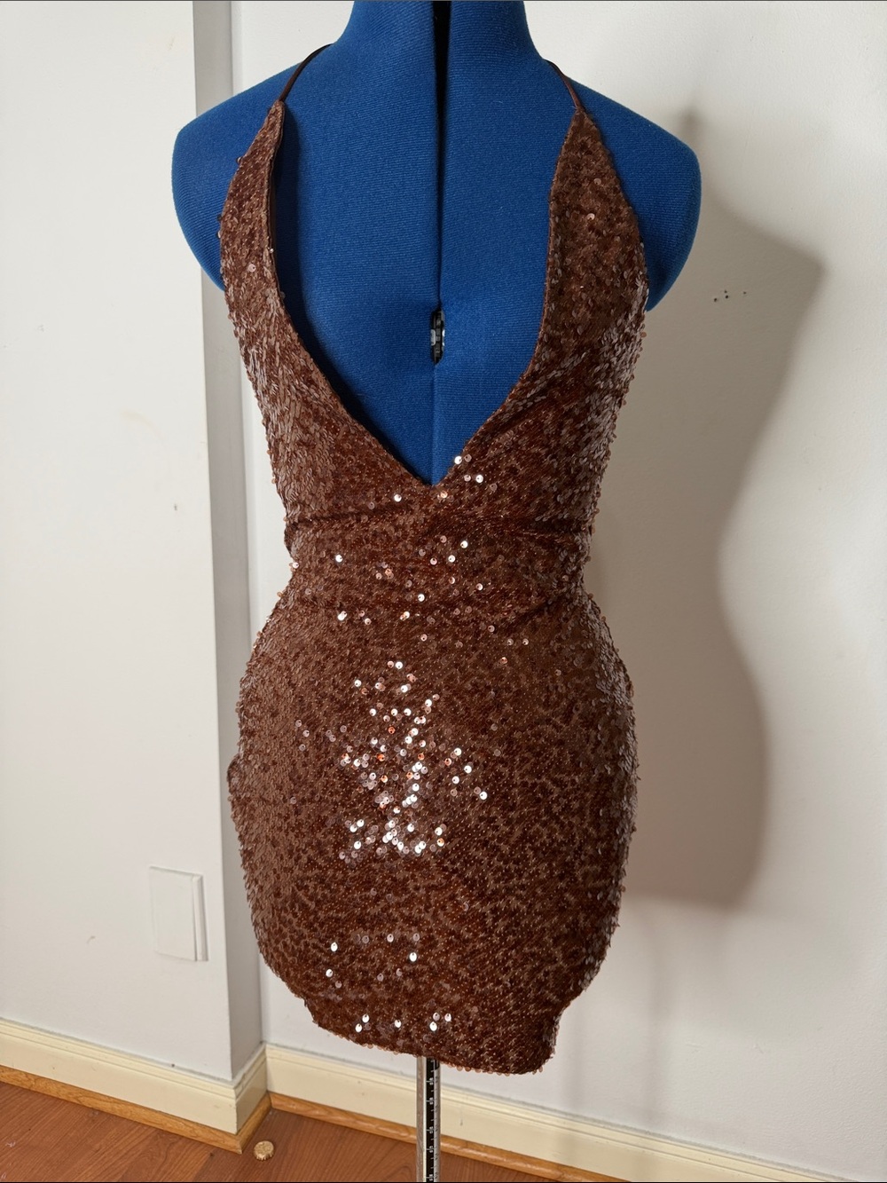 Meshki Brown Sequin Plunge Halter Mini Dress